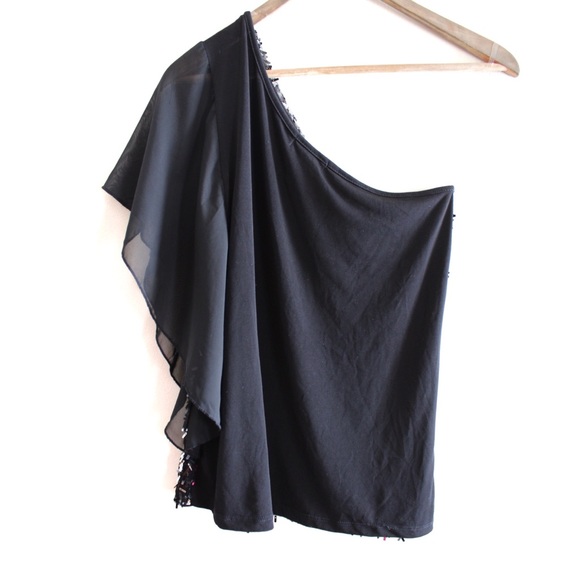 Dress barn Sequin Asymmetric Tulle Sleeve Top Petite Medium - Picture 4 of 6